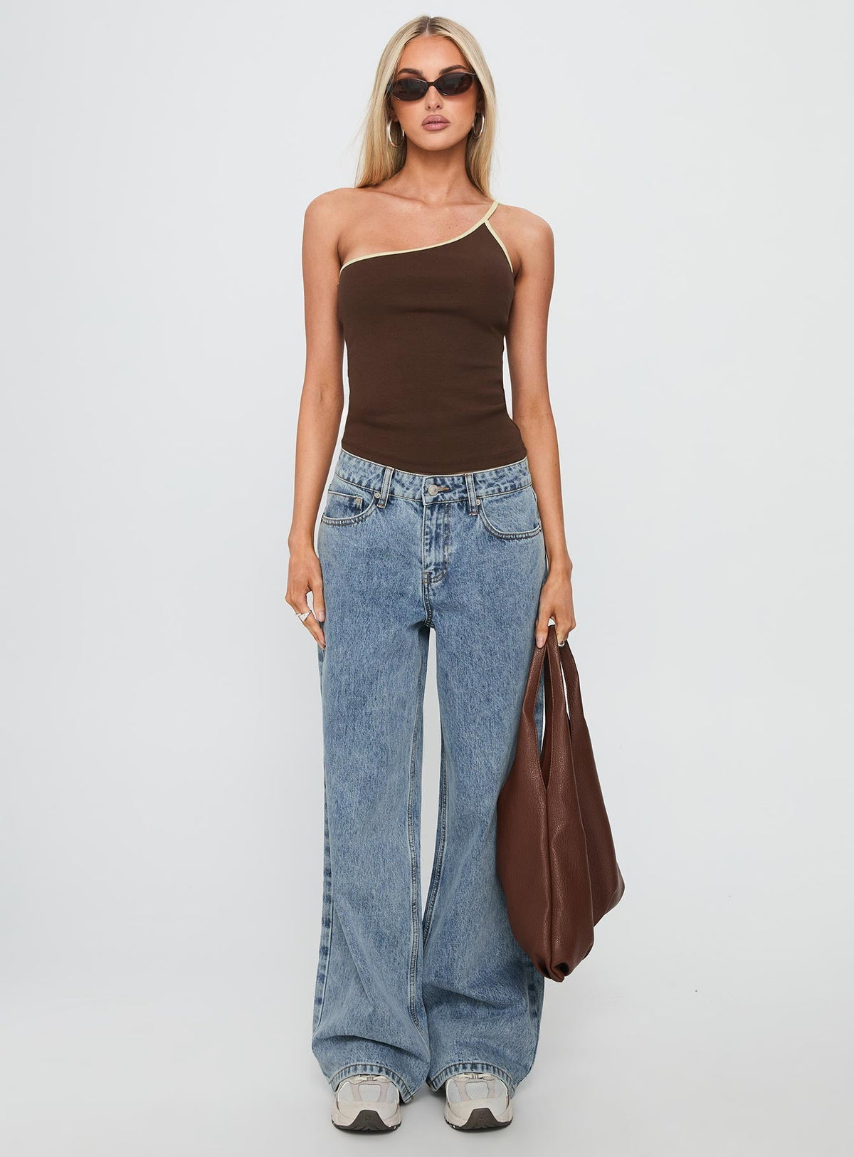 Hold It Down One Shoulder Contrast Top Chocolate / Yellow