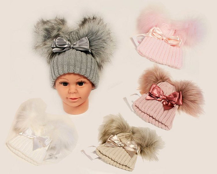 Baby Hat with Double Pom-Pom and Bow - 5 Colours (Med) (PK6) BW-0503-0625-Md