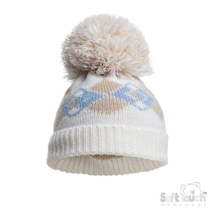 BLUE INFANTS ACRYLIC ARGYLE HAT W/POM POM - (NB-12 Months) (PK6) H690-B