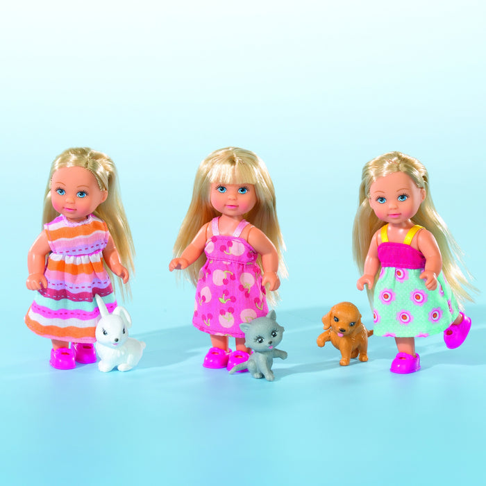 Three Simba Dickie Evi Love Pet Friends dolls in vibrant dresses and pink shoes stand on a light blue background, each with a pet—a white bunny, gray kitten, or brown puppy—inviting creative play for kids.