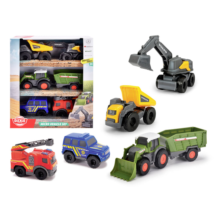 Six compact Simba Dickie Micro City Team vehicles—a fire truck, police SUV, dump truck, excavator, tractor with loader, and green trailer—are displayed for city missions. The set’s packaging with vehicle images is on the left.