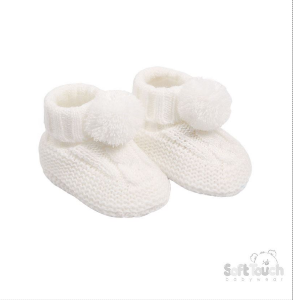 White 'Elegance' Cable Knit Bootees w/Pom Pom : ABO12-W