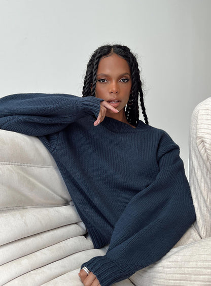 Harmony Balloon Sleeve Knit Sweater Navy
