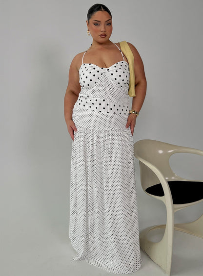 Marguerite Halter Maxi Dress White Polka Curve