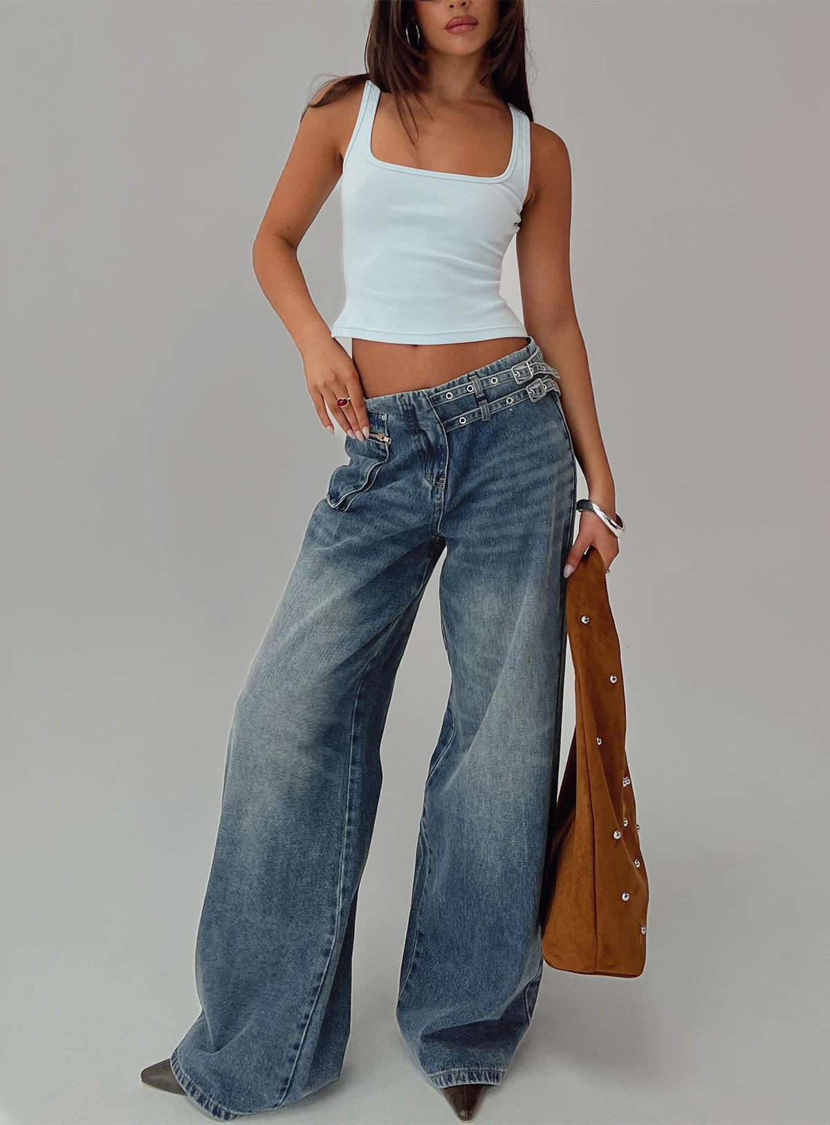 Paltrow Mid Rise Wide Leg Cargo Jeans Mid Blue Wash Petite