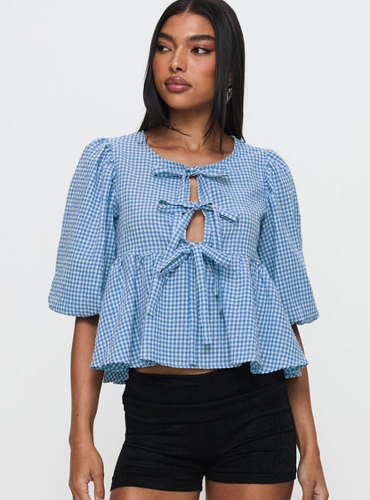 Full House Tie Up Blouse Top Blue Plaid