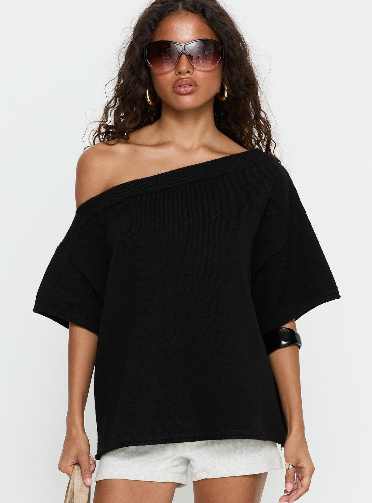 Kourta Off Shoulder Oversized Knit Top Black