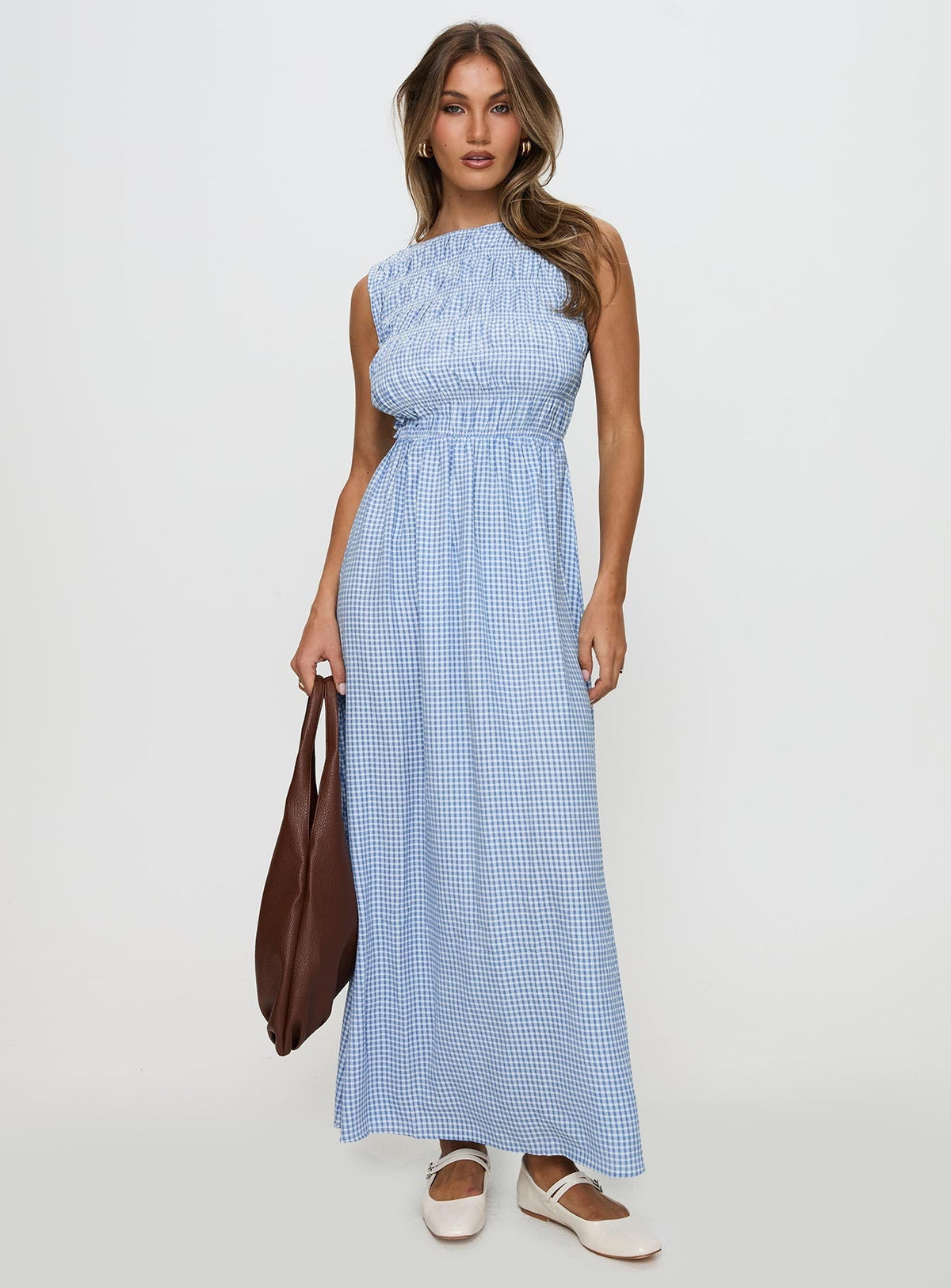 Fables Shirred Maxi Dress Blue Gingham