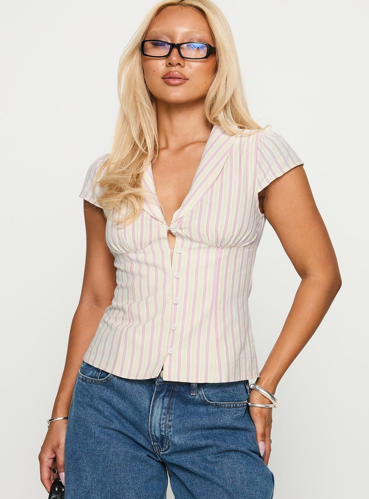 Ellis Island Collared Top Pink Stripe