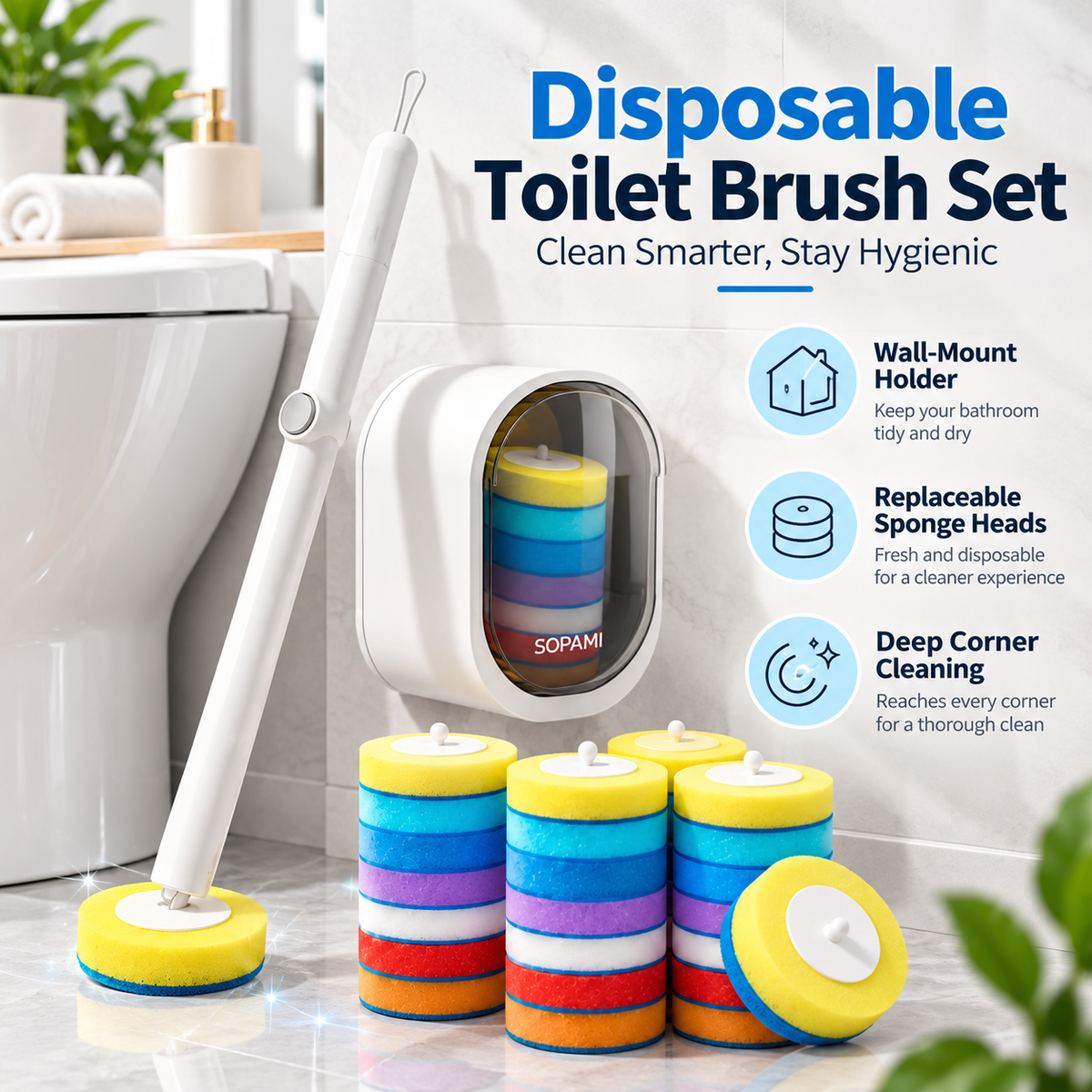 Disposable Scrubber Toilet Brush Kit 1 Handle + 42 Color Refill Heads