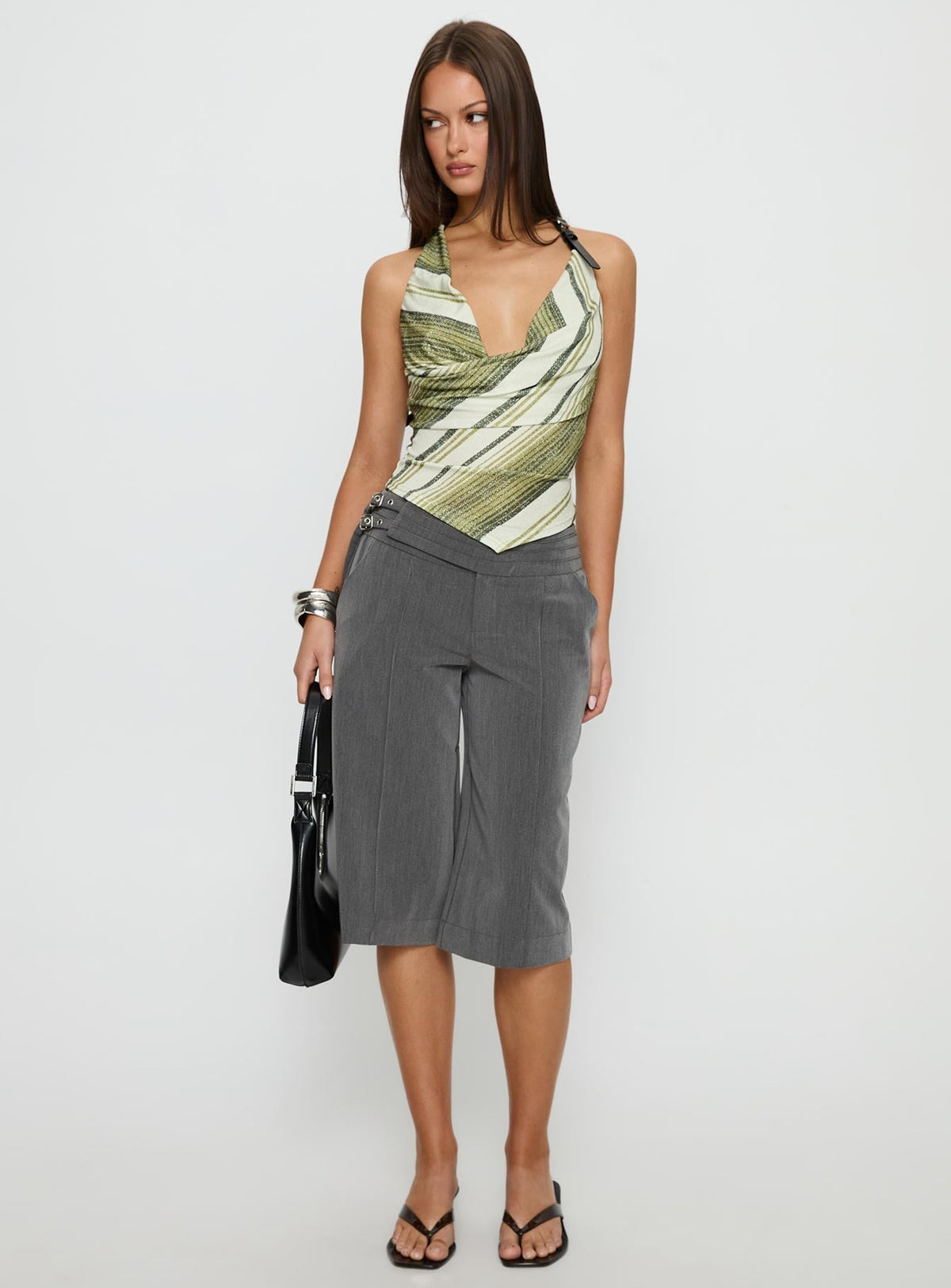 Syrenah Halter Cowl Neck Top Green Stripe