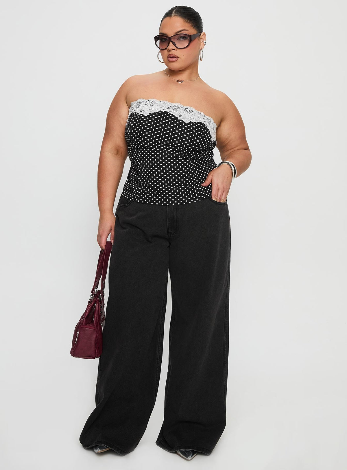 Ettore Lace Trim Strapless Top Black Polka Curve