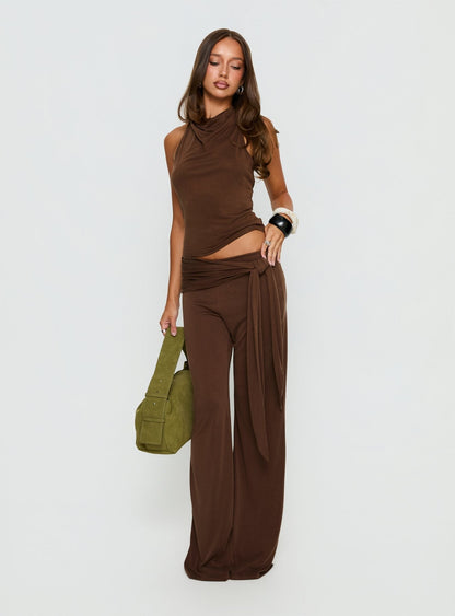 Katiana High Neck Cowl Top Brown