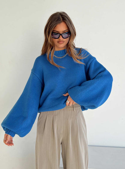 Harmony Balloon Sleeve Knit Sweater Blue