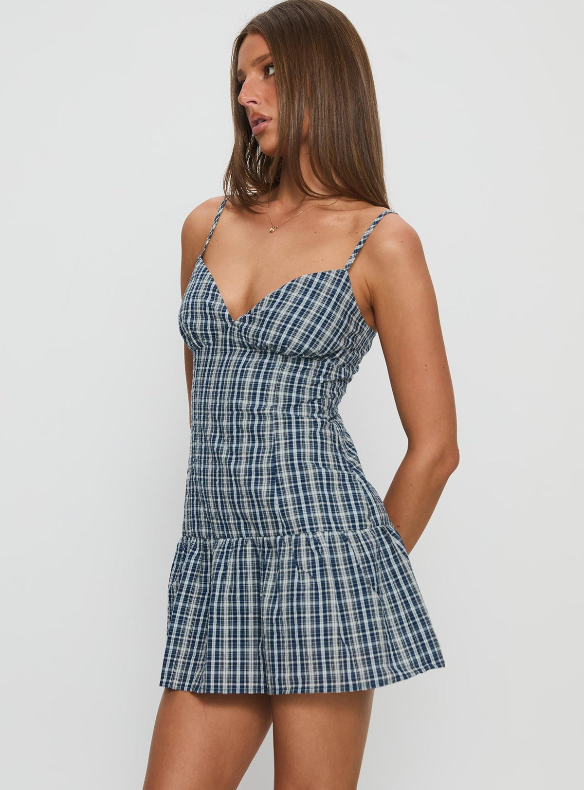 Jessamae Drop Waist Playsuit Blue Check