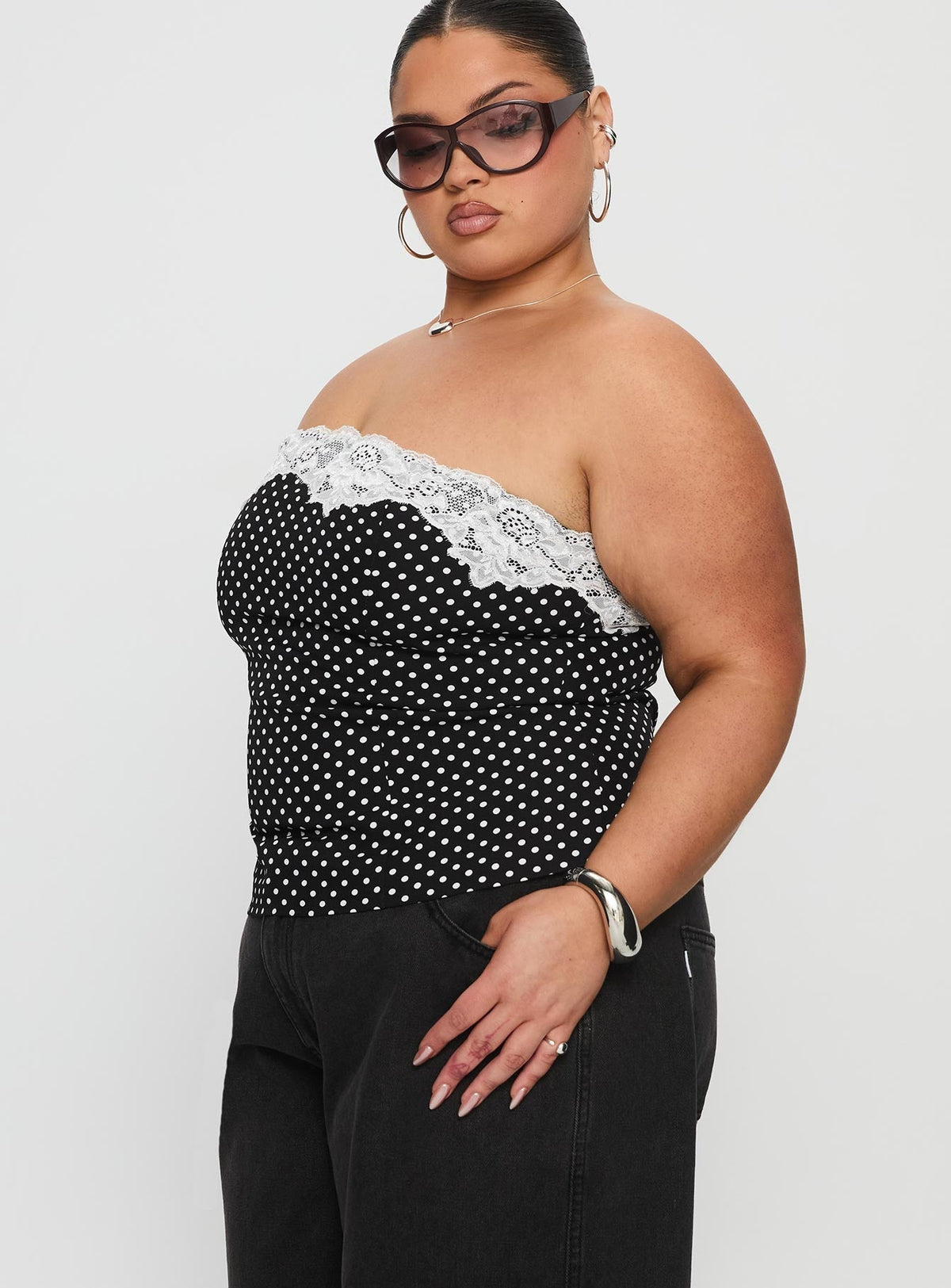 Ettore Lace Trim Strapless Top Black Polka Curve