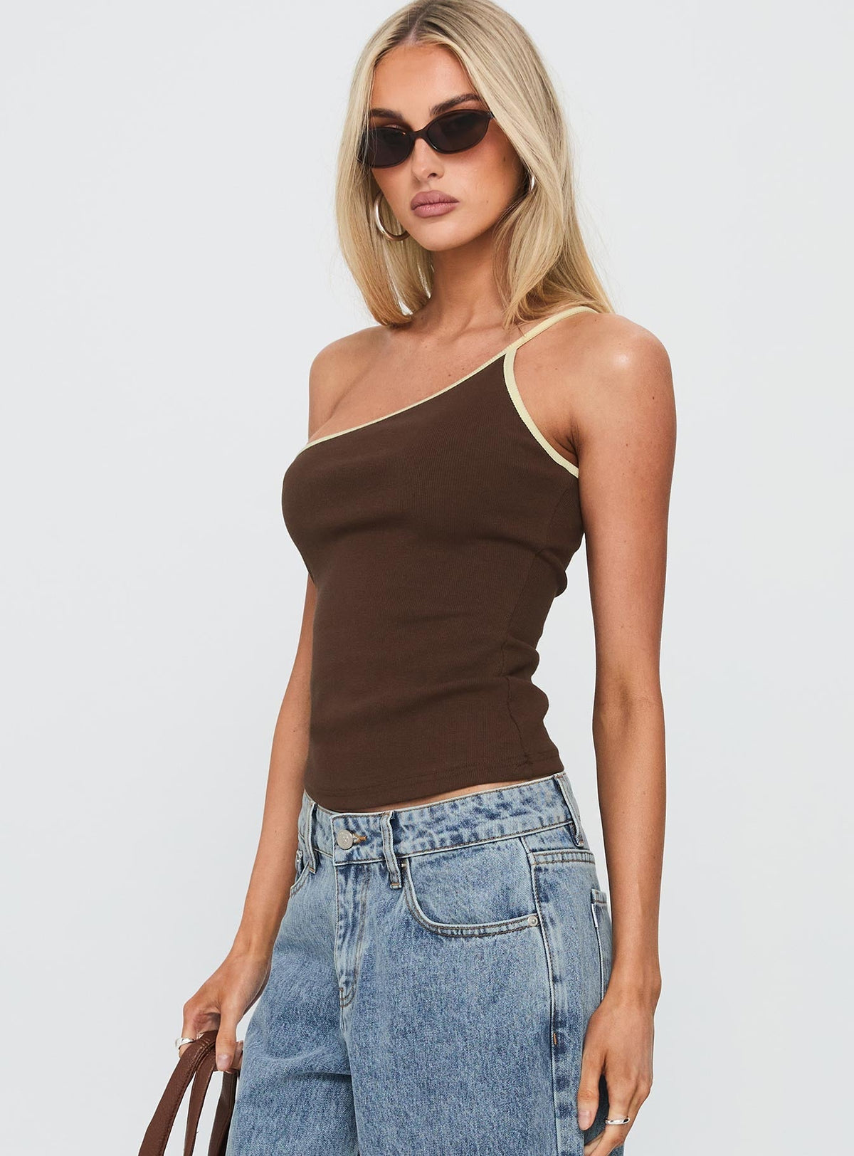 Hold It Down One Shoulder Contrast Top Chocolate / Yellow