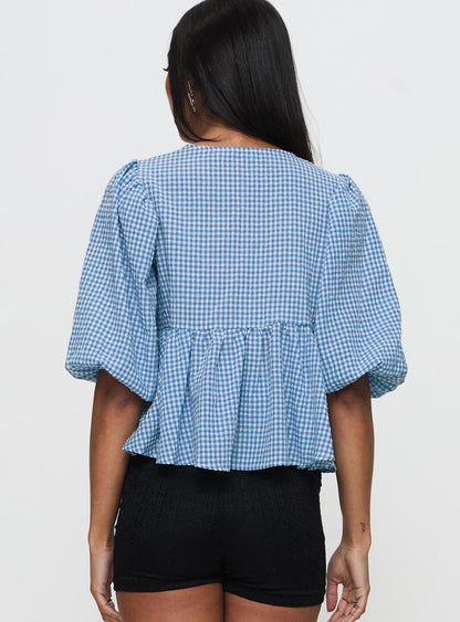 Full House Tie Up Blouse Top Blue Plaid