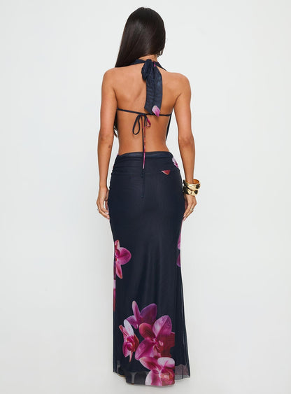 Tigress Halter Maxi Dress Navy Floral