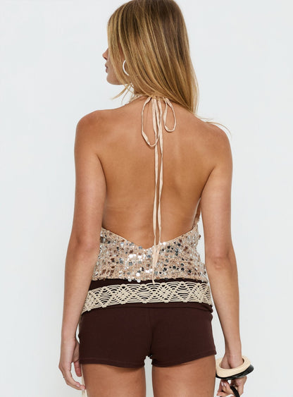 Northern Lights Cowl Halter Backless Top Champagne Sequin