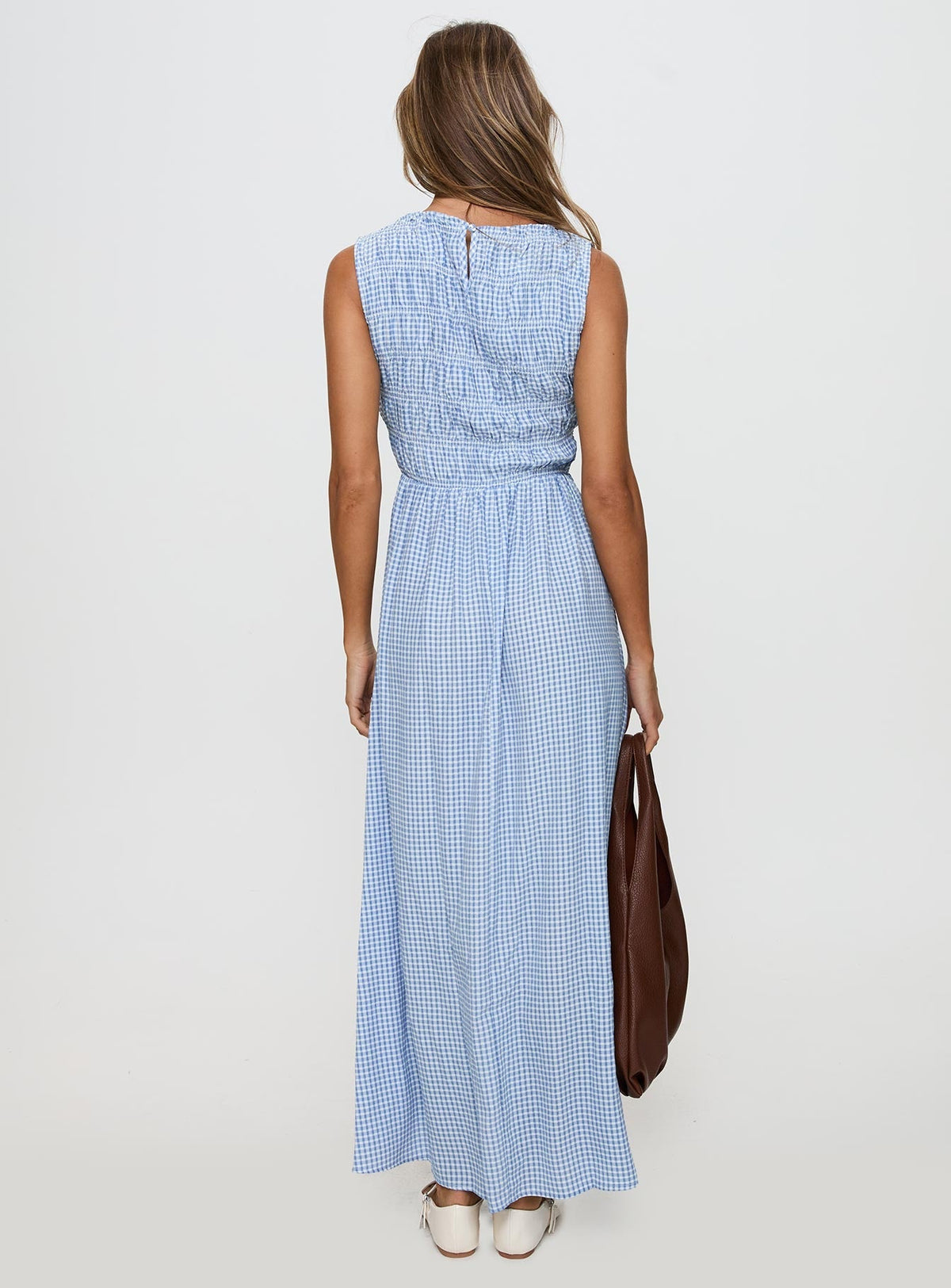 Fables Shirred Maxi Dress Blue Gingham