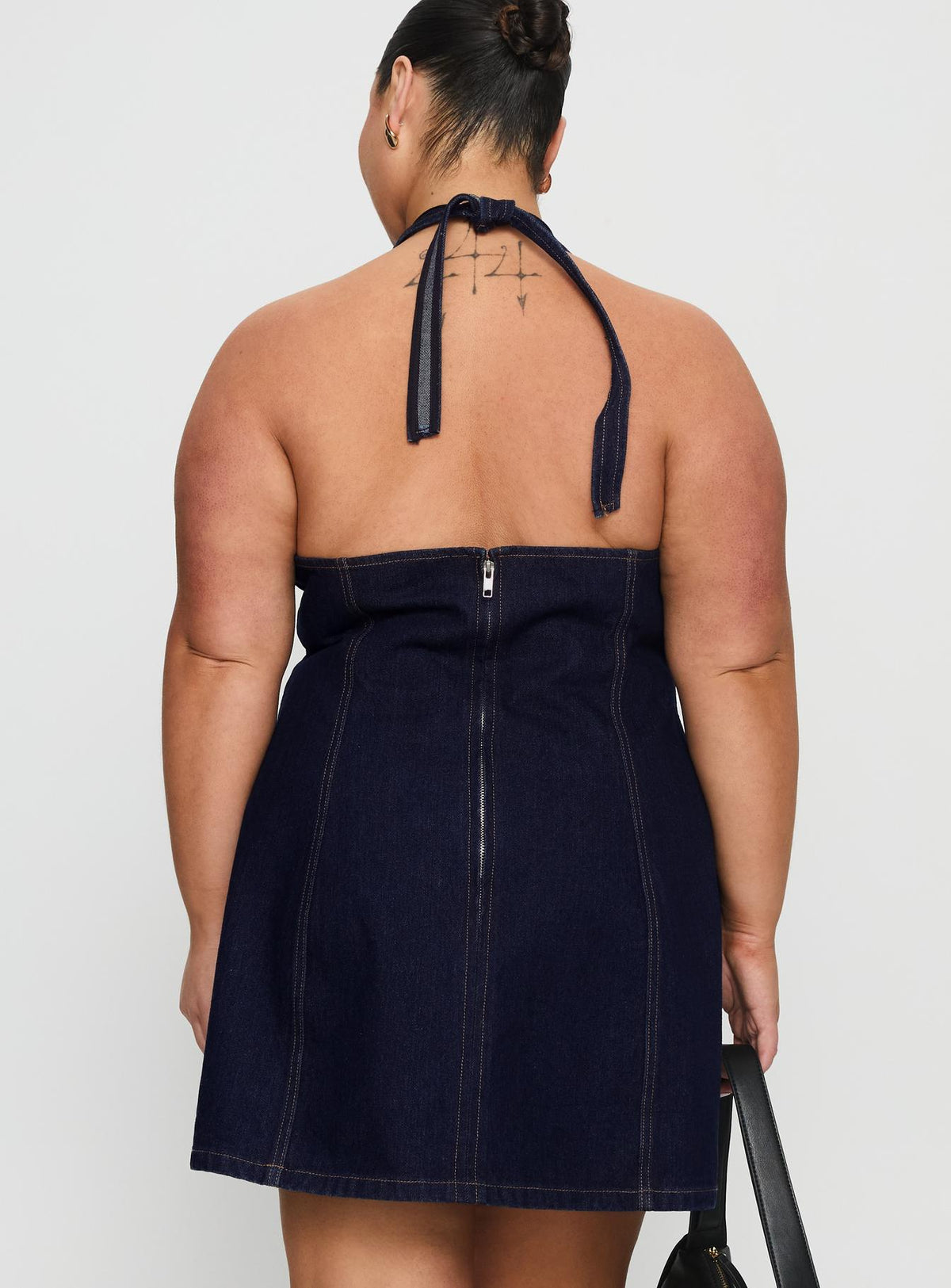 Say Goodnight Denim Halter Mini Dress Mid Wash Curve