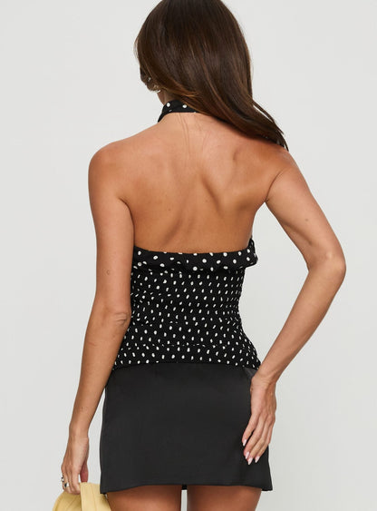 Jullie Scarf Detail Shirred Top Black Polka