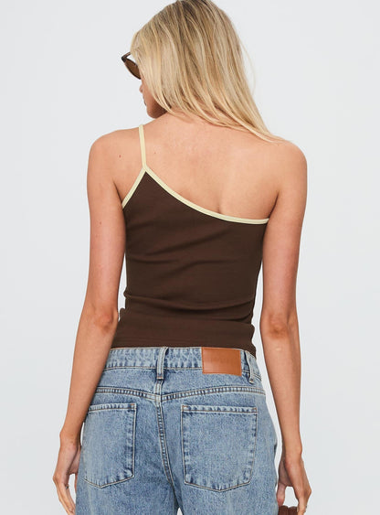 Hold It Down One Shoulder Contrast Top Chocolate / Yellow