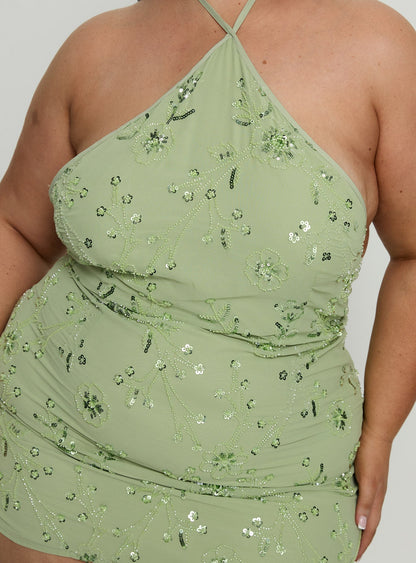 Evolet Embellished Halter Mini Dress Green Curve