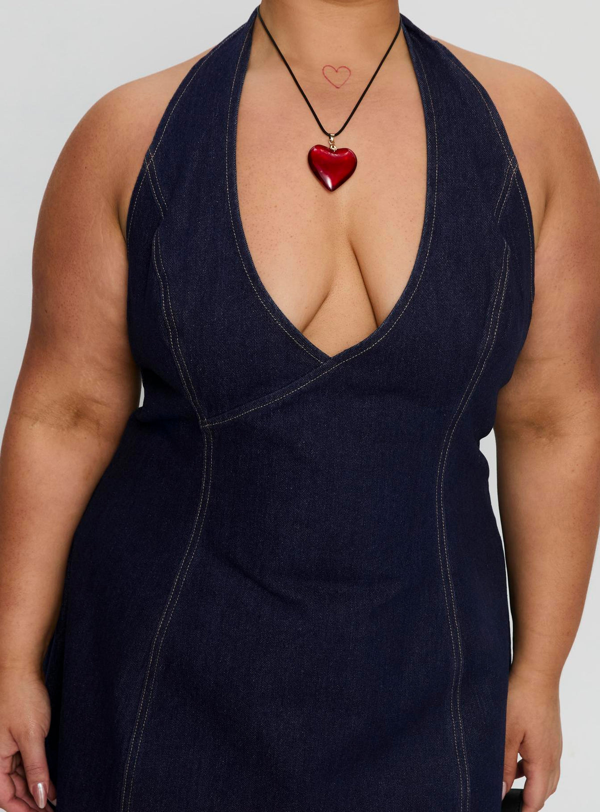 Say Goodnight Denim Halter Mini Dress Mid Wash Curve