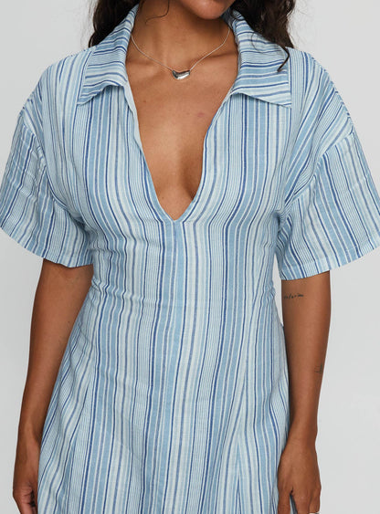 Wylla V Neck Linen Mini Dress Blue Stripe