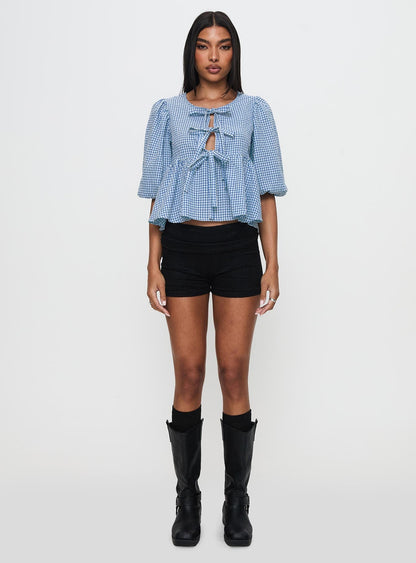 Full House Tie Up Blouse Top Blue Plaid