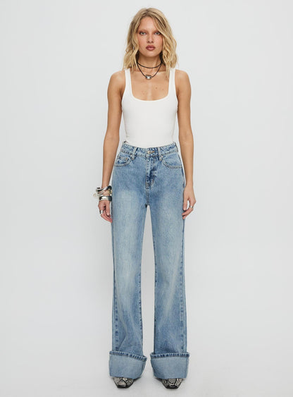 Florida Keys Mid Rise Straight Leg Cuffed Jeans Light Blue Wash