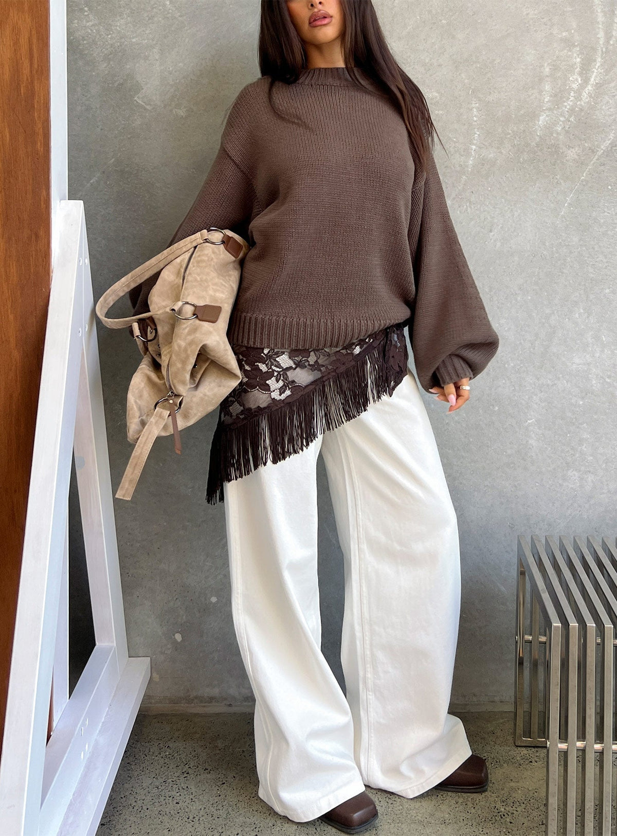 Harmony Balloon Sleeve Knit Sweater Dark Brown