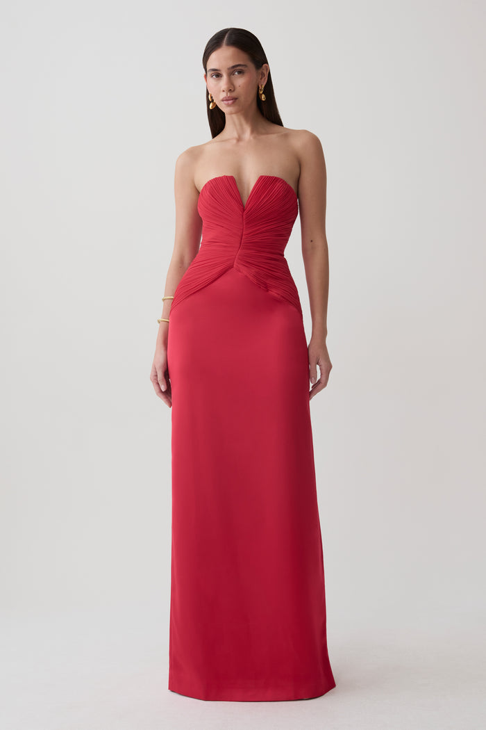 Aiyana Pleated Strapless Maxi Dress - Pomegranate