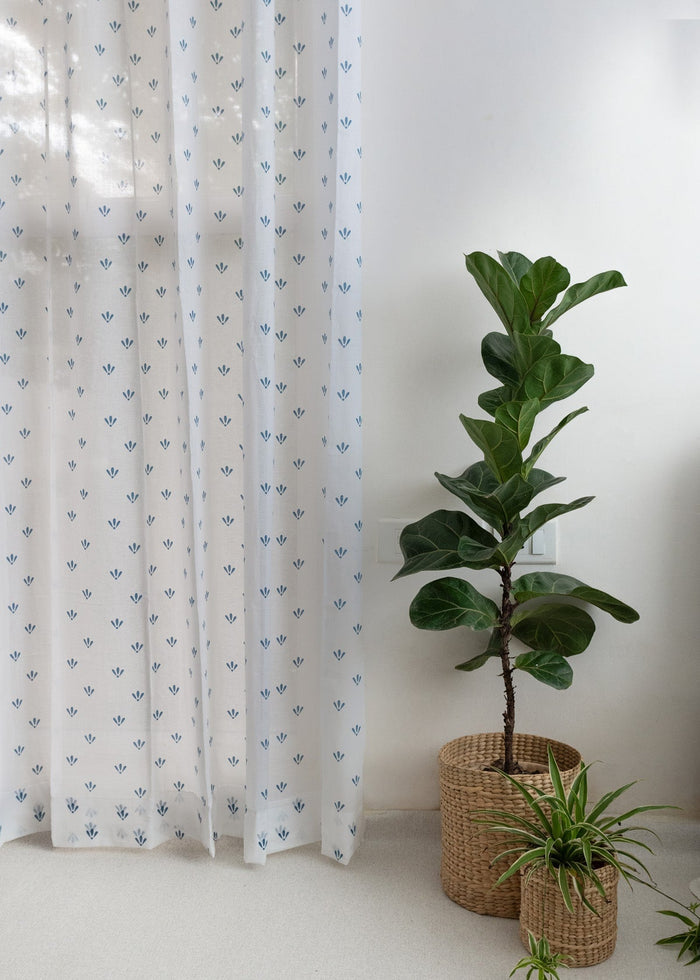 Aniseed Indigo 100% cotton floral sheer curtain for living room - Light filtering - Single Piece