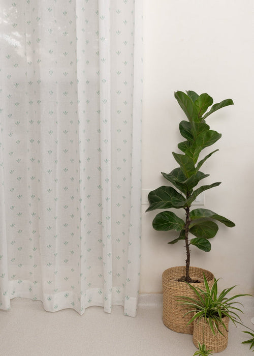 Aniseed Nile Blue 100% cotton floral sheer curtain for living room - Light filtering - Single Piece