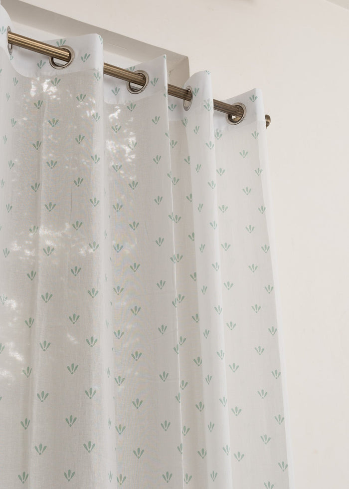 Aniseed Nile Blue 100% cotton floral sheer curtain for living room - Light filtering - Single Piece