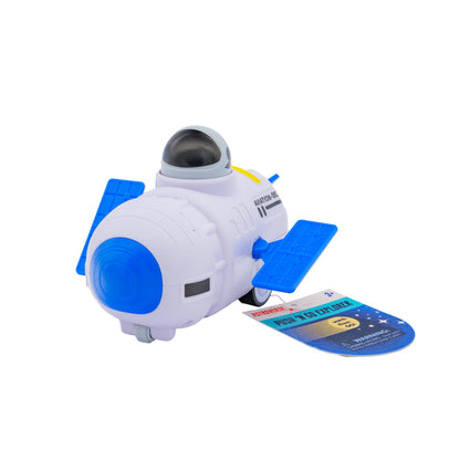 The Astroverse Push 'N Go Explorer by Astroverse features blue wings, a black-tinted dome, and comes with a blue Push n Try instruction card—perfect as a friction-powered vehicle for exciting space toy adventures.