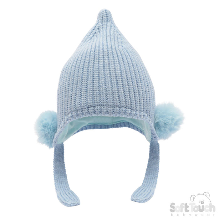 Blue Chenille Knit Hat w/Faux Fur Pom  Poms (NB-12 Months) H642-B-SM