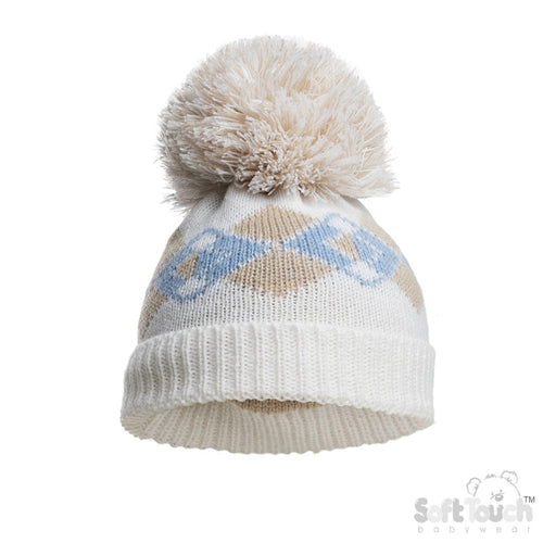 BLUE INFANTS ACRYLIC ARGYLE HAT W/POM POM - (NB-12 Months) (PK6) H690-B