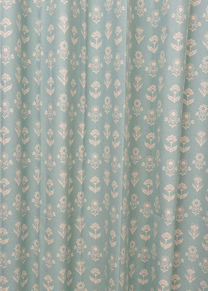 Dahlia 100% cotton floral curtain for living room - Room darkening - Nile Blue - Single Piece