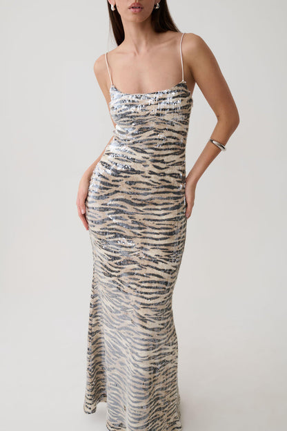 Deborah Sequin Maxi Dress - Zebra Print
