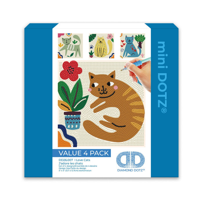The Diamond Dotz Mini Dotz Value 4 Pack kit box shows a hand decorating a smiling orange cat with a flower and blue vase, plus three more colorful cat designs displayed at the top.