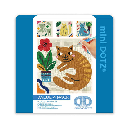 The Diamond Dotz Mini Dotz Value 4 Pack kit box shows a hand decorating a smiling orange cat with a flower and blue vase, plus three more colorful cat designs displayed at the top.
