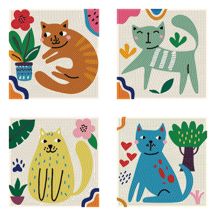 Diamond Dotz Mini Dotz: Four cats in playful poses, surrounded by plants, flowers, hearts, and abstract shapes on textured backgrounds. Each cat features a unique color—orange, green, yellow, or blue—in vibrant whimsical designs.