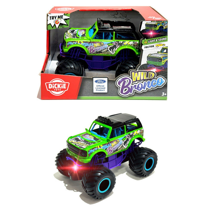 The Dickie Toys Monster Trucks Wild Bronco features a green, purple, and black design with large wheels and front lights. Shown in and out of packaging, it is an officially licensed Ford product.
