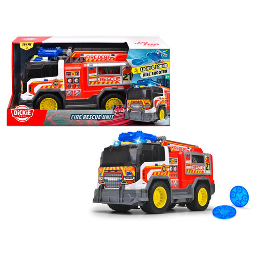 The Dickie Toys Rescue Vehicles fire truck features red and yellow colors, lights, sound effects, a blue disc shooter, and comes with two blue discs. It is shown both in and out of its packaging.