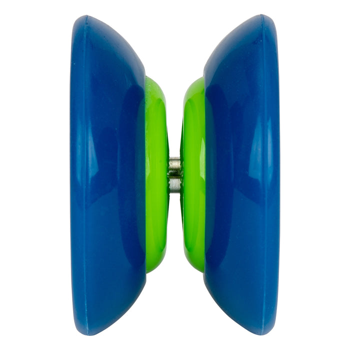 A close-up side view of the Duncan First Yo! Yo-Yo Assortment in blue and green, highlighting its symmetrical shape and central axle against a white background.