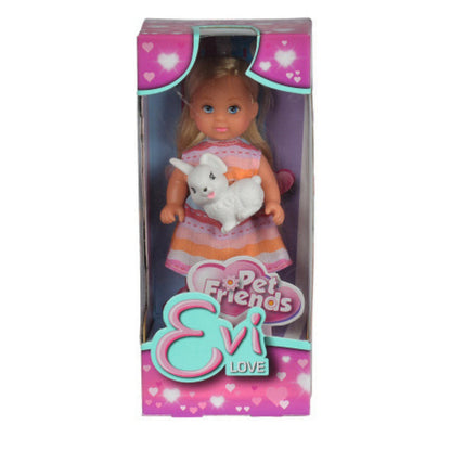 The Evi Love Pet Friends Doll comes boxed in pink, heart-patterned packaging and features Evi in a pink and orange dress holding a white rabbit. "Pet Friends Evi Love" is displayed on the front.